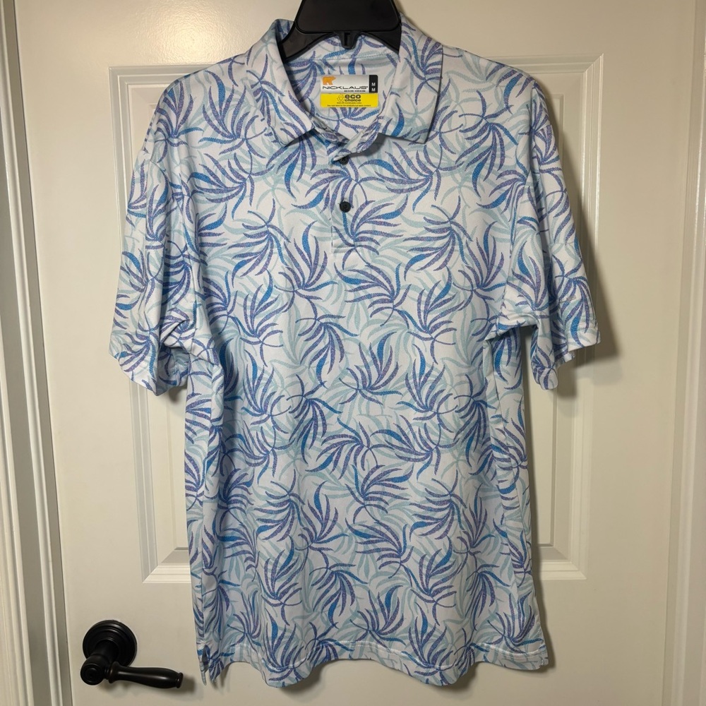 Nicklaus Golf Shirt Men’s M Short Sleeve Polo Blue/Purple Tropical Print